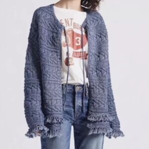 Current/Elliot The Cable Fringe Sweater Indigo Blue Size 3 - Large MSRP $348